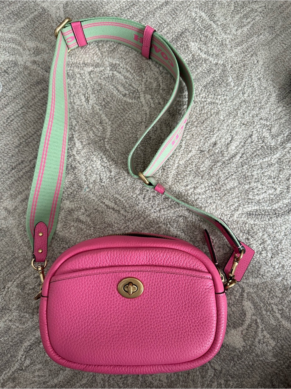 Coach Pink Pebble Leather Turnlock Crossbody with Mint-Trim Strap